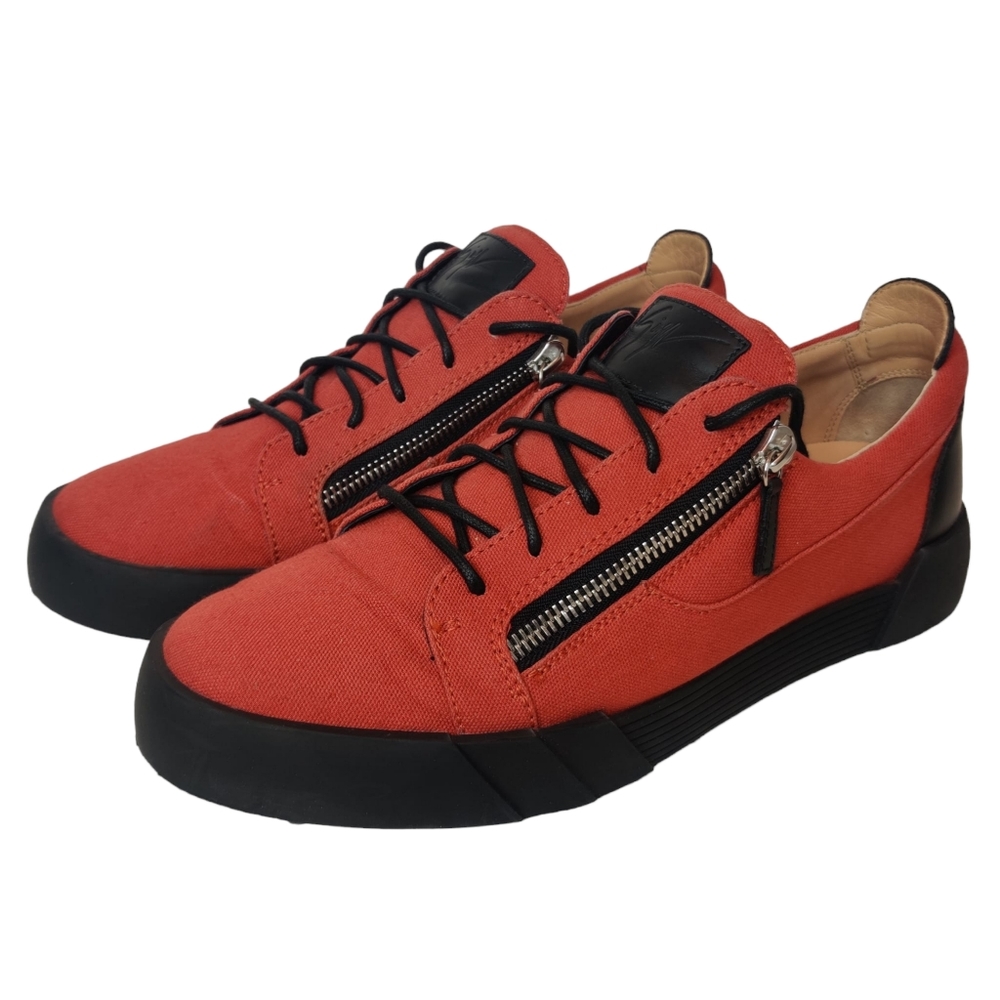 GIUSEPPE ZANOTTI Frankie Men’s Low Top Sneakers Red Canvas Leather Side Zipper